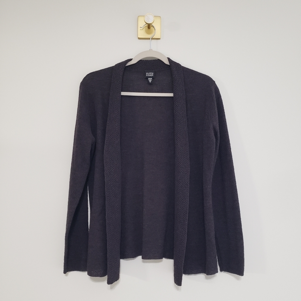 Eileen Fisher Wool Cardigan Sweater Women Medium Charcoal Gray Open-Front Flawed